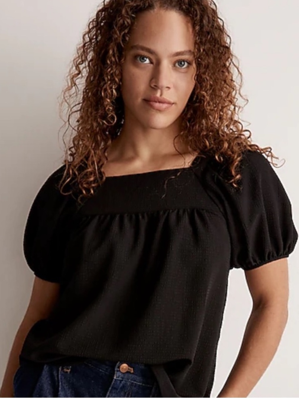 Madewell Black Seersucker Bubble-Sleeve Top